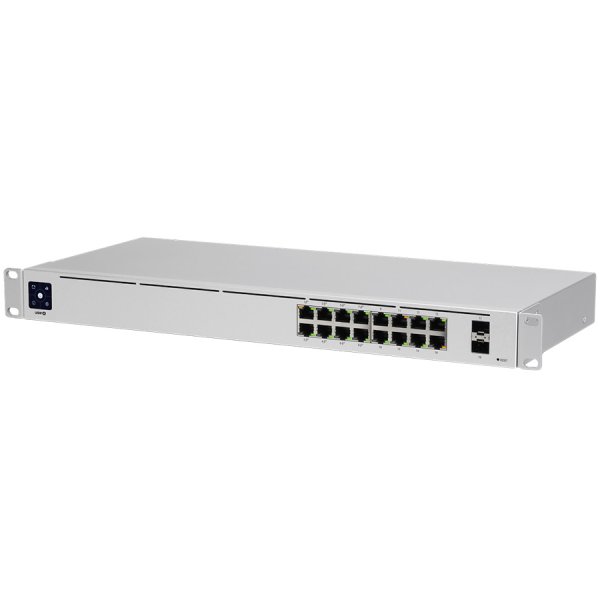 Ubiquiti USW-16-PoE 16-port Layer 2 PoE switch, 8 x GbE PoE+, 8 x GbE ports, 2 x 1G SFP ports, 42W total PoE Power, fanless, silent cooling, ESD/EMP protection, 1.3"" touchscreen LCM display, Rackmount (Kit included)