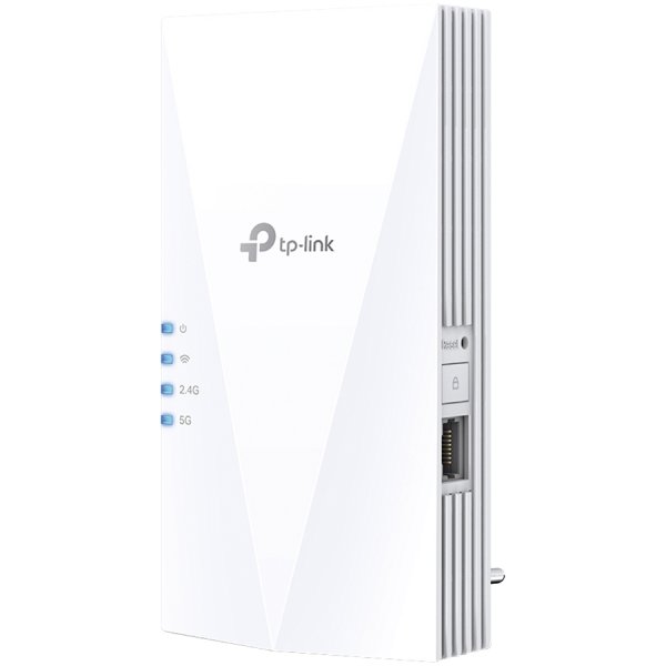 TP-Link RE500X AX1500 Wi-Fi 6 Range Extender, 300 Mbps at 2.4 GHz + 1201 Mbps at 5 GHz, 2 × Internal Antennas, 1 × Gigabit Port, Broadcom 1.5GHz Tri-Core CPU, 1024 QAM, Wall Plugged, Tether App, WPS, RE/AP Mode, OneMesh, Beamforming, MU-MIMO, OFDMA