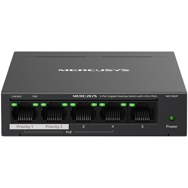 Mercusys MS105GP 5-Port Gigabit Desktop Switch with 4-Port PoE+, 4×Gigabit PoE+ Ports, 1×Gigabit Non-PoE Port, 65 W PoE Power, Desktop Steel Case, Wall Mounting, Extend Mode for 250m PoE Transmit,Isolation Mode,Silent Operation,Port Prioritization