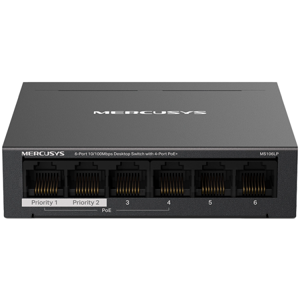 Mercusys MS106LP 6-Port 10/100 Mbps Desktop Switch with 4-Port PoE+, Compatible with 802.3af/at PDs, 40 W PoE Power, Desktop Steel Case, Wall Mounting, Extend Mode for 250m PoE Transmitting, Priority Port1-2, Isolation Mode, PoE Auto Recovery