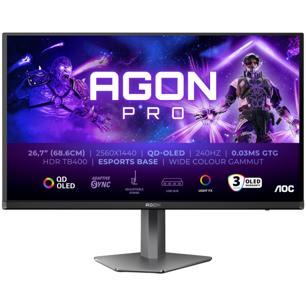 AOC Monitor LED AG276QZD2 AGON PRO 26.7"" 2560x1440 QD-OLED Adaptive Sync 240Hz 0.03ms 250 cd/m2 3-sided frameless FULL ERGO 2xHDMI 2xDP USB Hub