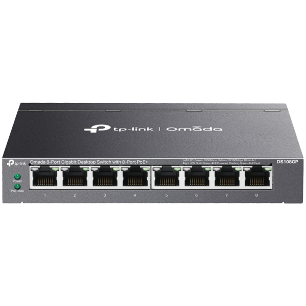 Omada 8-Port Gigabit Desktop Switch with  8-Port PoE+  8× Gigabit PoE+ Ports 802.3af/at, 64 W PoE Power, Desktop Steel Case Plug and Play
