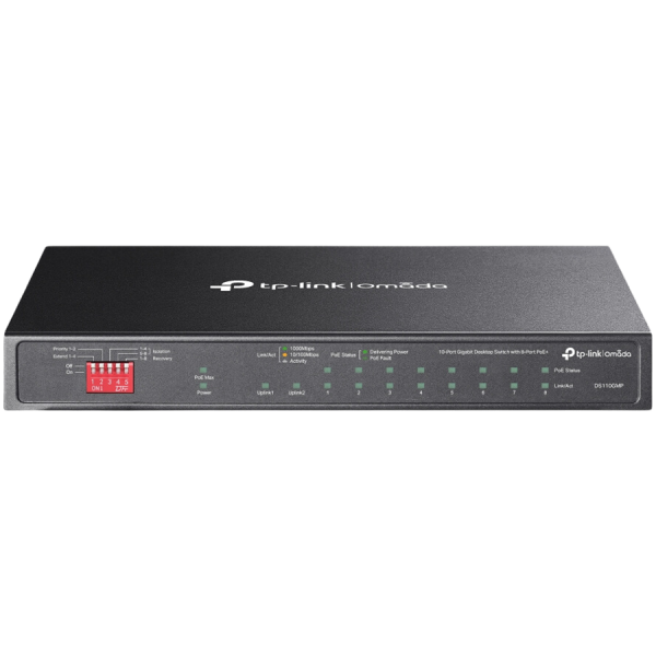 Omada 10-Port Gigabit Desktop Switch with 8-Port PoE+ 8× Gigabit PoE+ Ports, 2x Gigabit Non-PoE Ports, 1× Combo Gigabit SFP Slot 802.3at/af, 123 W PoE Power,  Desktop Steel Case Extend Mode for 250m PoE Transmitting, Priority Mode for Port1-2,