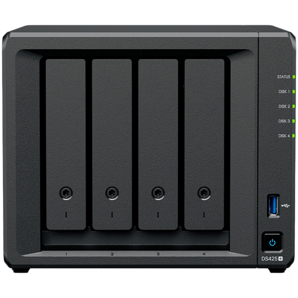Synology DiskStation DS425+ Tower, 4-Bays 3.5'' SATA HDD/SSD, 2 x M.2 2280 NVMe SSD slot, CPU Intel Celeron J4125  4-core 2.0 GHz, 2 GB DDR4 non-ECC SODIMM, 1x RJ-45 2.5 GbE LAN, 1x RJ-45 1GbE LAN Port; 2x USB 3.2;  2.18 kg; 3yr warranty