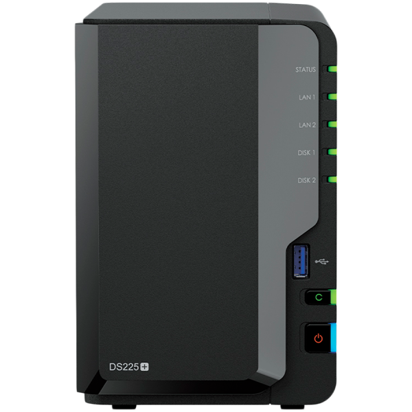 Synology DS225+, Tower, 2-bays 3.5'' SATA HDD/SSD, CPU Inte Celeron J4125 4-core (4-thread) 2.0 GHz, burst up to 2.7 GHz, 2 GB DDR4 non-ECC (expandable up to 6 GB), 1xRJ-45 1GbE LAN, 1xRJ-45 2.5 GbE LAN, 2xUSB 3.2 Gen 1, 1.3 kg, 3yr warranty