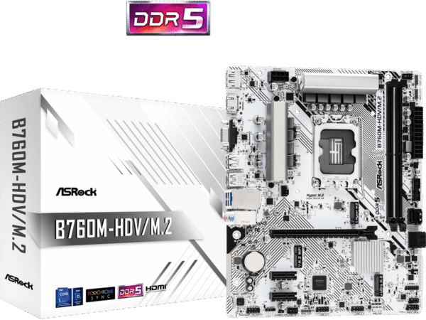 ASROCK MB B760-HDV/M.2B760, LGA1700, 2xDDR5, 2xM.24xSATA,RAID,HDMI,DP,VGA,MicroATX, White