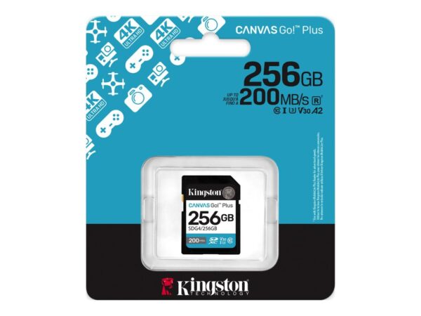 Kingston SD 256GB CanvasGoPlusSDXC,r/w:200/160MB/sDSLRs, mirrorless cameras, 4K video