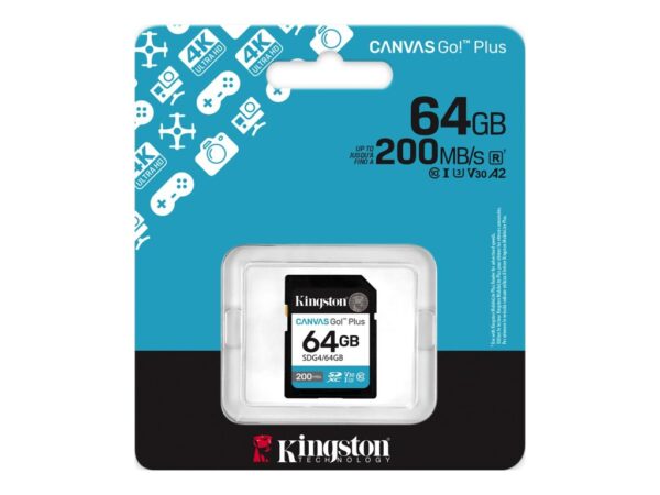 Kingston SD 64GB CanvasGoPlusSDXC,r/w:200/100MB/sDSLRs, mirrorless cameras, 4K video